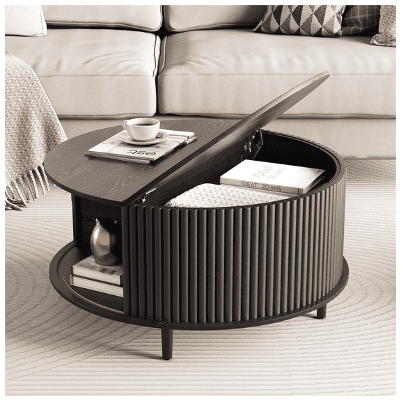 JOINICE Round Coffee Table with Hidden Compartment and Open Storage Shelf,Fluted Waveform Panel Coffee Table for Living Room,Black