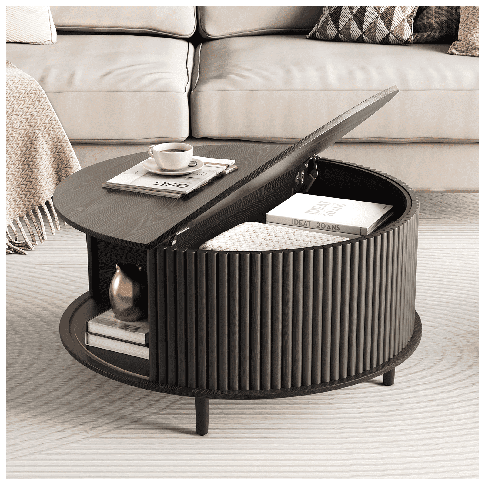 JOINICE Round Coffee Table with Hidden Compartment and Open Storage Shelf,Fluted Waveform Panel Coffee Table for Living Room,Black