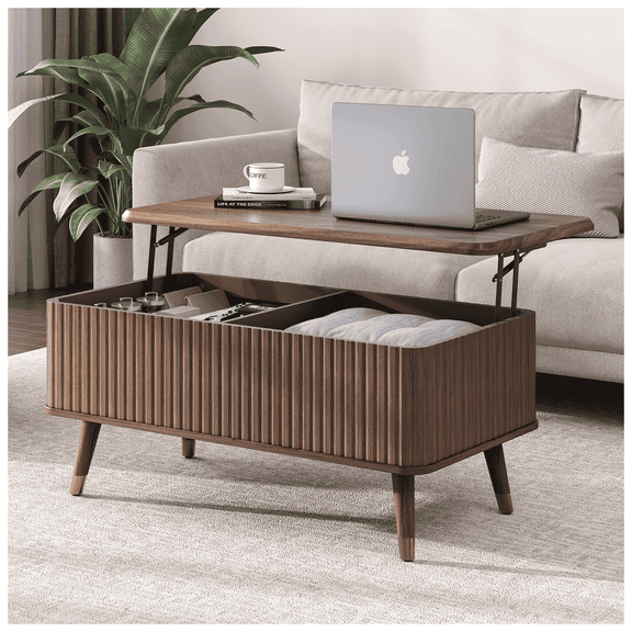 JOINICE Lift Top Coffee Table with Storage,Mid Century Modern Fluted Rectangle Center Table for Living Room,Walnut