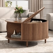 JOINICE Round Coffee Table with Storage and Sliding Door,Mid Century Modern Wooden Center Table,for Living Room,Walnut