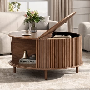 JOINICE Round Coffee Table with Storage and Sliding Door,Mid Century Modern Wooden Center Table,for Living Room,Walnut
