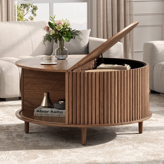JOINICE Round Coffee Table with Storage and Sliding Door,Mid Century Modern Wooden Center Table,for Living Room,Walnut