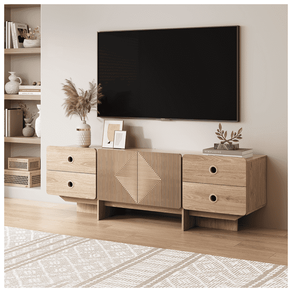 JOINICE Mid Century Modern TV Stand for 60-75 Inch TVs, Boho Low Entertainment Console with Storage, Oak Finish