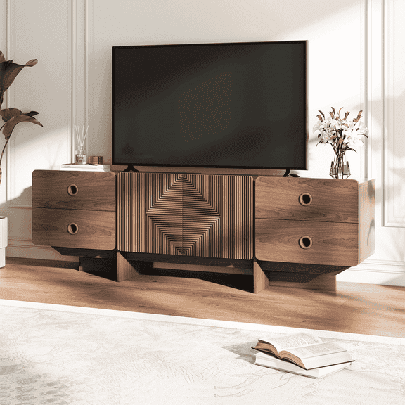 JOINICE Mid Century Modern TV Stand for 60-75 Inch TVs, Low Entertainment Console with Storage, Walnut Finish