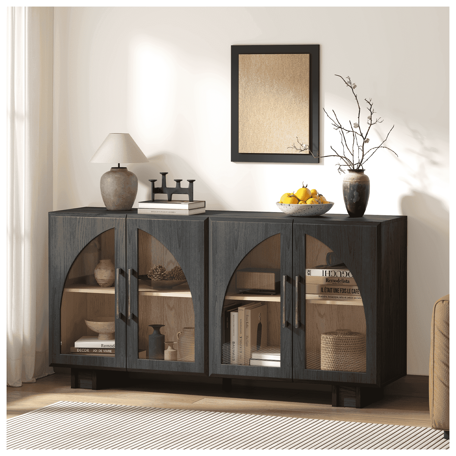 JOINICE Modern Accent Cabinet with Adjustable Shelves and Arched Glass Door,Buffet Cabinet with Storage,for Living Room,Dining Room,Entryway,Hallway,Black - Walmart.com