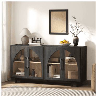 JOINICE Modern Accent Cabinet with Adjustable Shelves and Arched Glass Door,Buffet Cabinet with Storage,for Living Room,Dining Room,Entryway,Hallway,Black