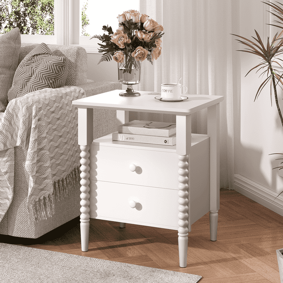 JOINICE Nightstand with Storage, Modern Bedside Table with Drawers,Wood End Table with Charging Station, Bed Side Tables for Bedroom, White