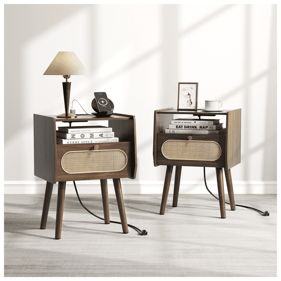 JOINICE Nightstands for Bedroom with Charging Station, Mid Century Modern End Tables Set of 2(Dark Walnut)