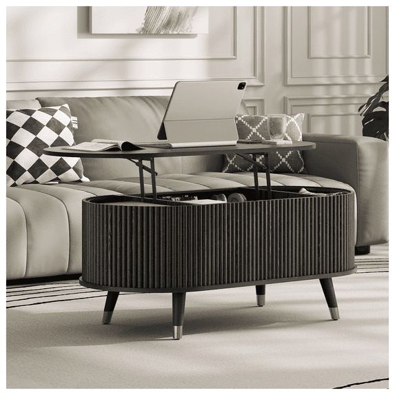 JOINICE Oval Coffee Table with Lift Top,42.5” Fluted Center Table with Hidden Compartment ,for Living Room,Apartment,Black