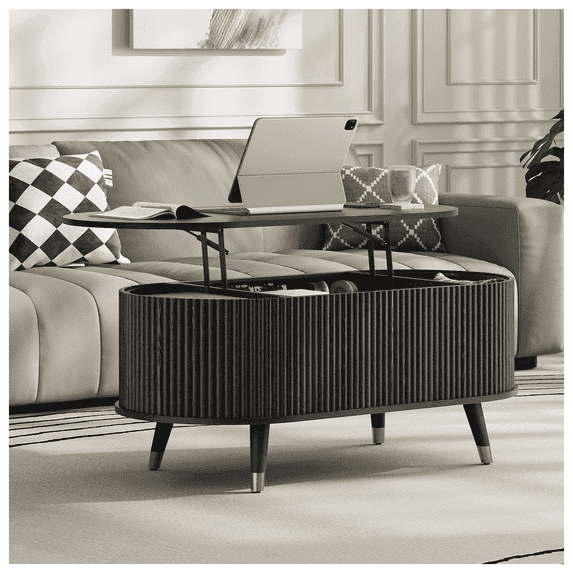 JOINICE Oval Coffee Table with Lift Top,42.5” Fluted Center Table with Hidden Compartment ,for Living Room,Apartment,Black