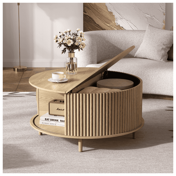 JOINICE Round Coffee Table for Living Room ,Fluted Center Table with Storage,for Living Room,Oak