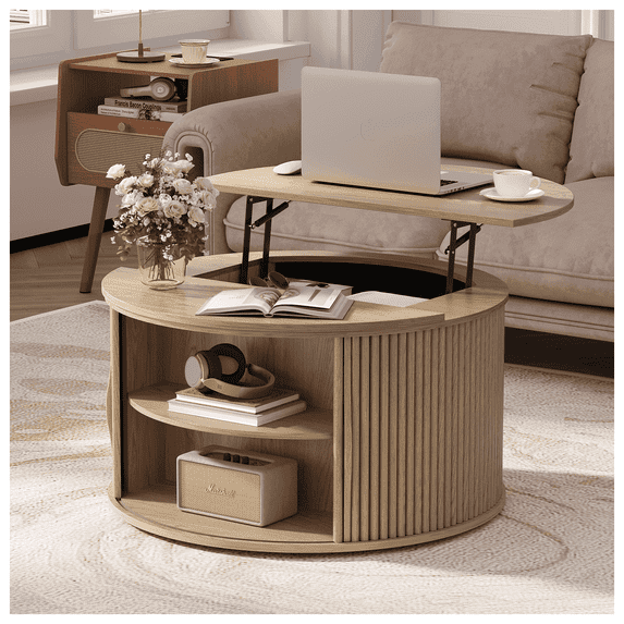 JOINICE Round Coffee Table with Lift Top,Mid Century Modern Wood Center Table with Storage and Shelf,for Living Room,Oak