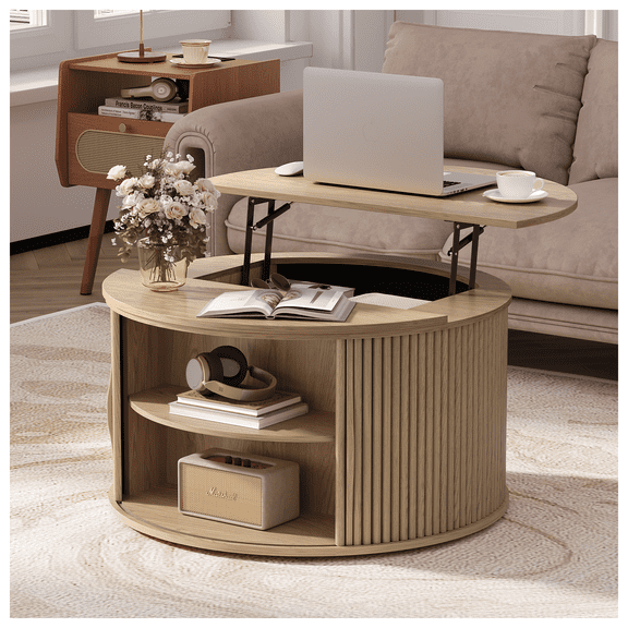 JOINICE Round Coffee Table with Lift Top,Mid Century Modern Wood Center Table with Storage and Shelf,for Living Room,Oak