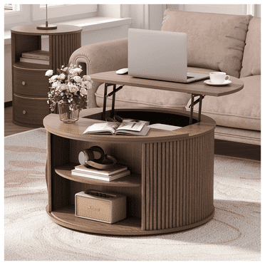 JOINICE Round Coffee Table with Lift Top,Mid Century Modern Wood Center Table with Storage,for Living Room,Walnut