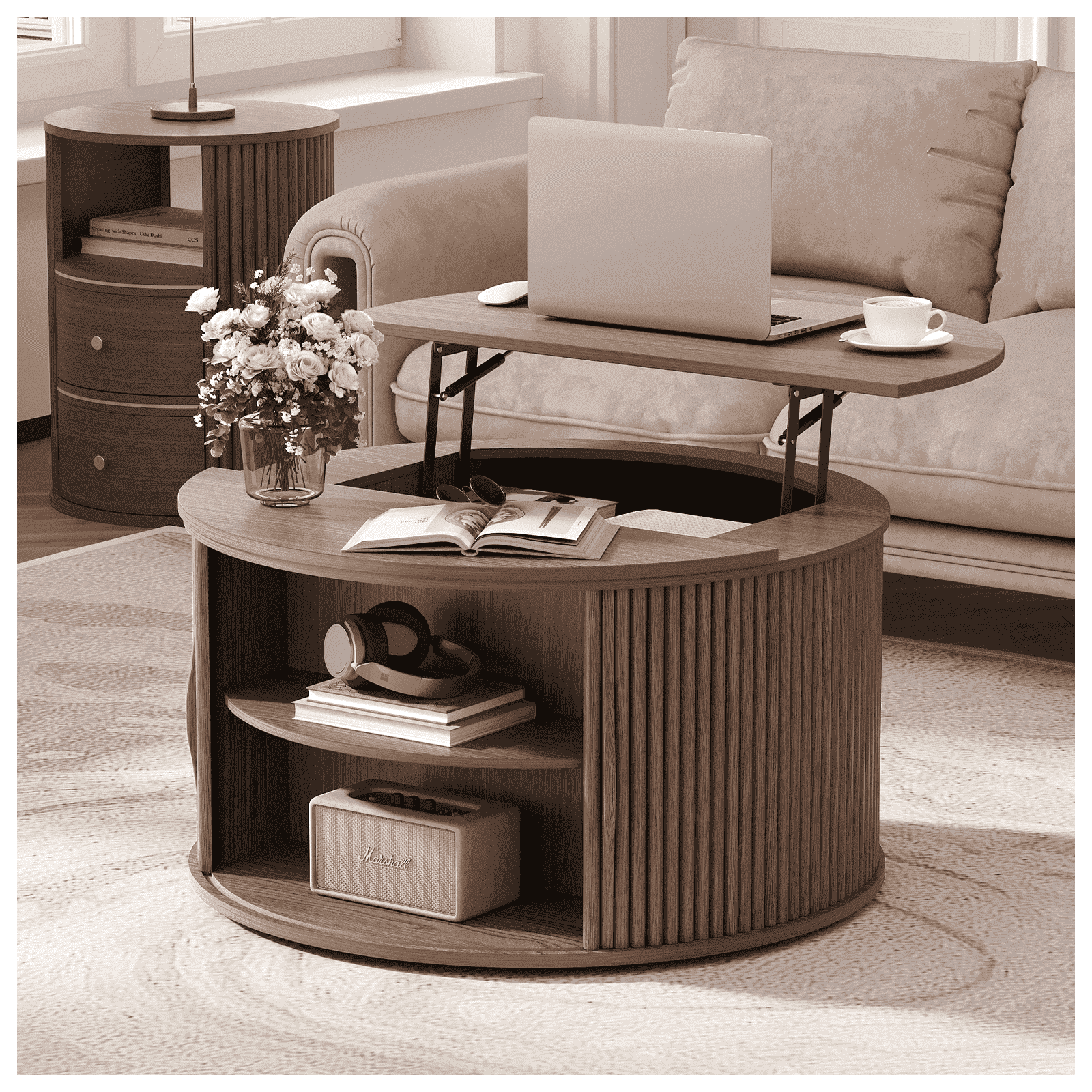 JOINICE Round Coffee Table with Storage and Flip Top,Circle Fluted