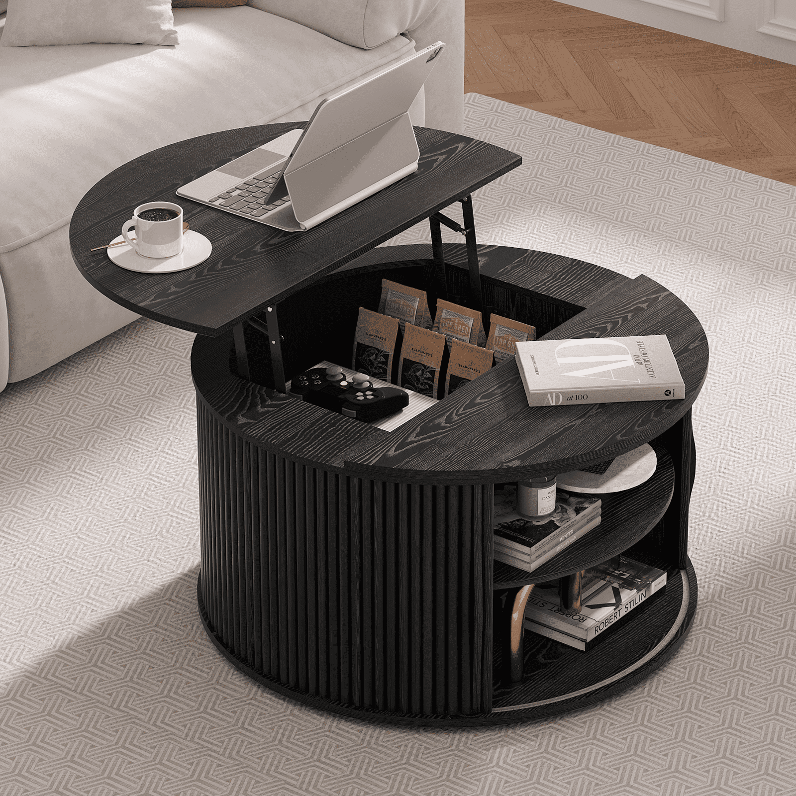 JOINICE Round Coffee Table with Lift Top,Mid Century Modern Wood Drum Center Table with Storage,for Living Room,Black