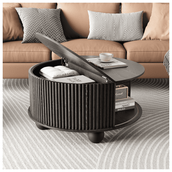 JOINICE Round Coffee Table with Storage and Bun Feet,Mid Century Modern Center Table,for Living Room,Black