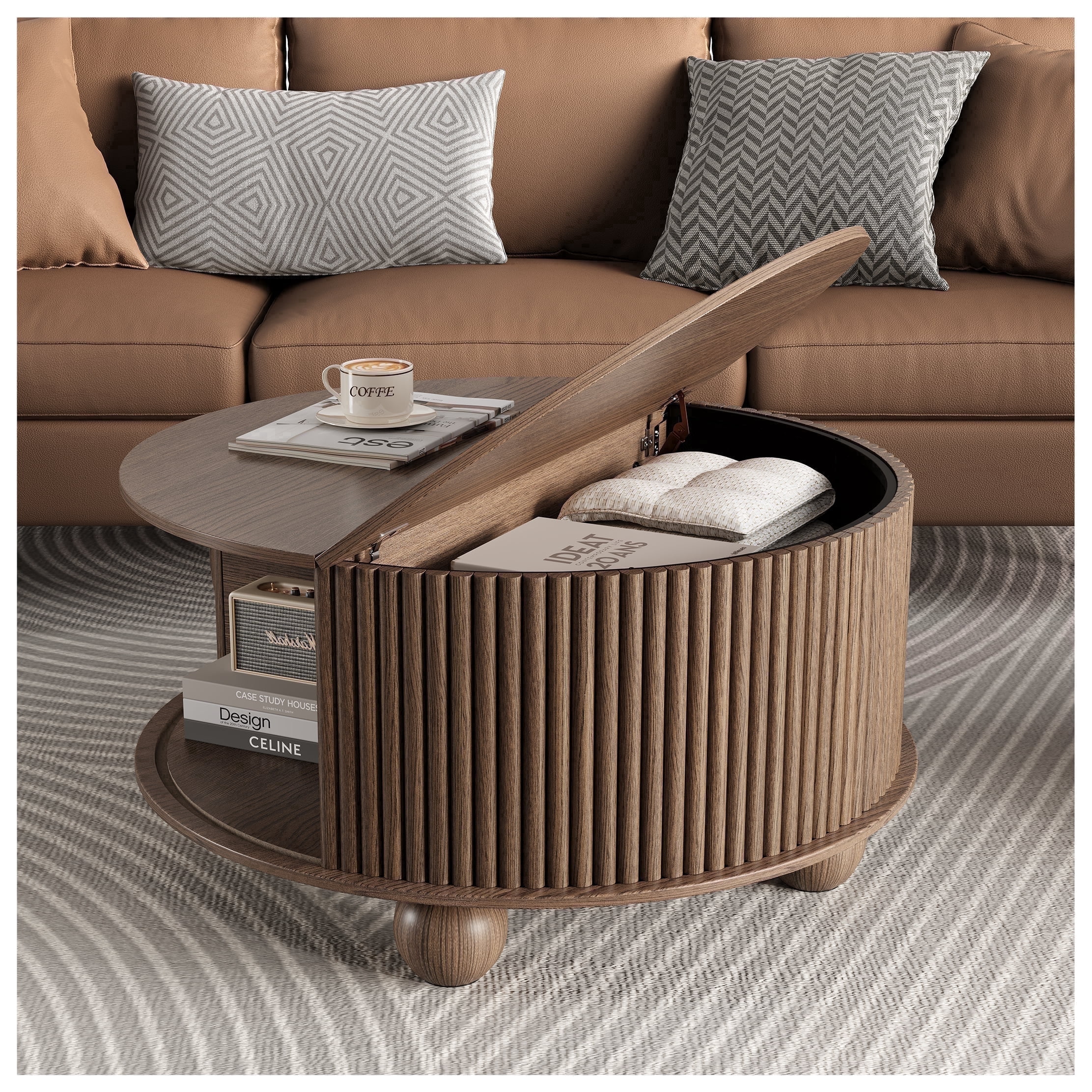 JOINICE Round Coffee Table with Storage and Bun Feet,Mid Century Modern Center Table,for Living Room,Walnut