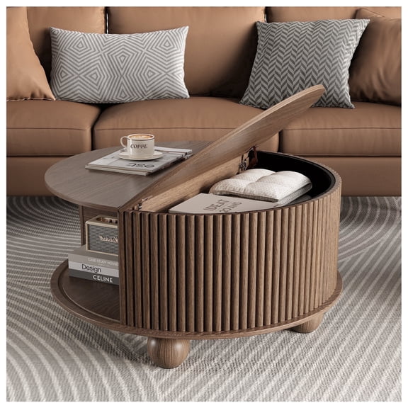 JOINICE Round Coffee Table with Storage and Bun Feet,Mid Century Modern Center Table,for Living Room,Walnut