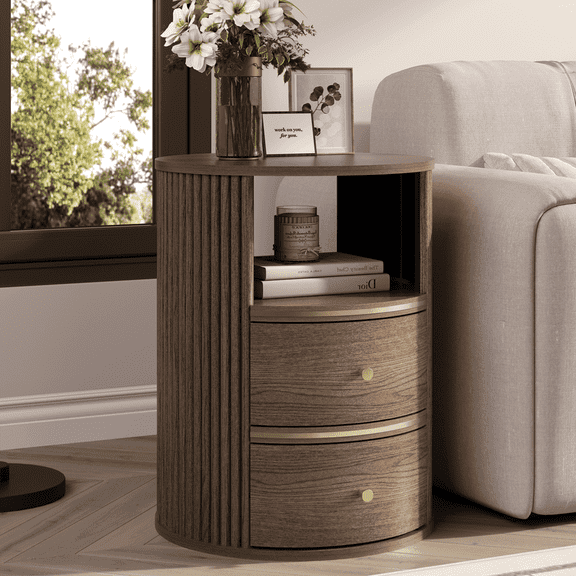 JOINICE Round End Table with Storage Drawers ,Fluted Nightstand with Shelves,for Living Room,Bedroom,Walnut(1 Pcs)