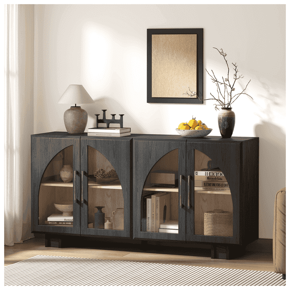 JOINICE Sideboard Buffet Cabinet with Arched Glass Doors,Modern Accent Console Wood Black Cabinet with Storage,for Living Room,Dining Room,Entryway
