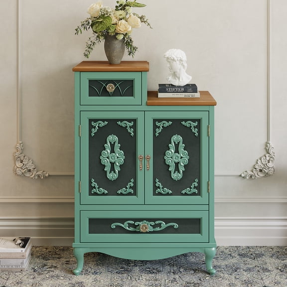 JOINICE Vintage Accent Cabinet with Doors, Sage Green Storage Cabinet with Drawers, Narrow Sideboard for Living Room, Bedroom, Entryway and Hallway, French Country Style