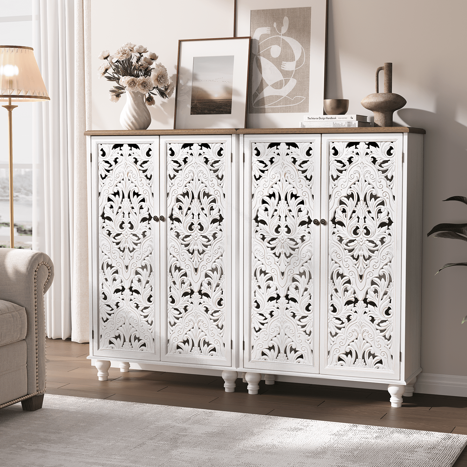 JOINICE Wood Accent Cabinet, Hollow Carved Tall Storage Cabinet with 2 Doors for Living Room, Entryway, Dining, White, Set of 2