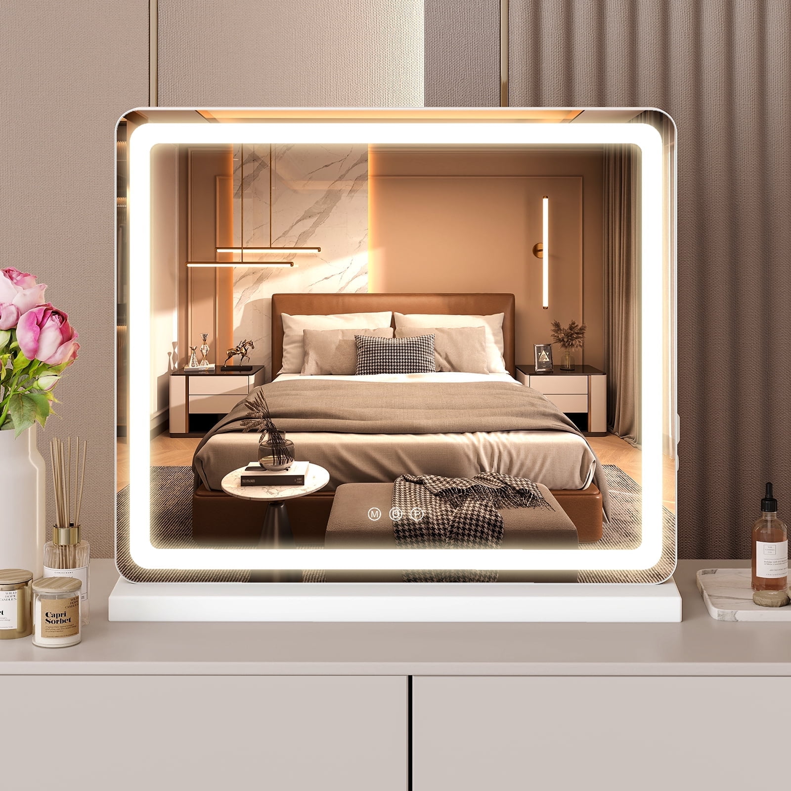 MCQ 19"X22" Makeup Mirror with Lights Tabletop, Aluminum Alloy Frame and USB Charging Support, White