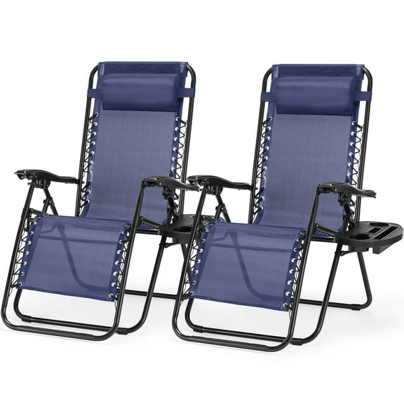 JOINSUN 2 Pcs Zero Gravity Chair, Portable Reclining Camping Folding Chair with Adjustable Pillow & Cup Holder Trays for Poolside, Garden, Backyard, Blue
