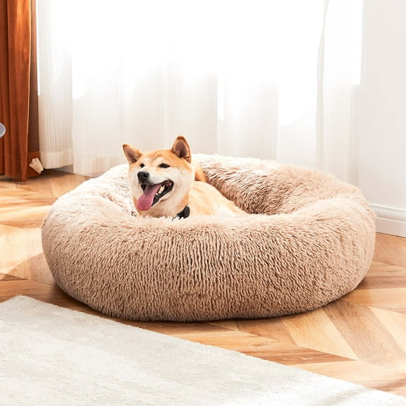JOINSUN 24" Calming Dog Bed for Medium Dog/Cat, Small Donut Pet Bed, Soft Plush, Anti-Anxiety, Machine Washable, Brown