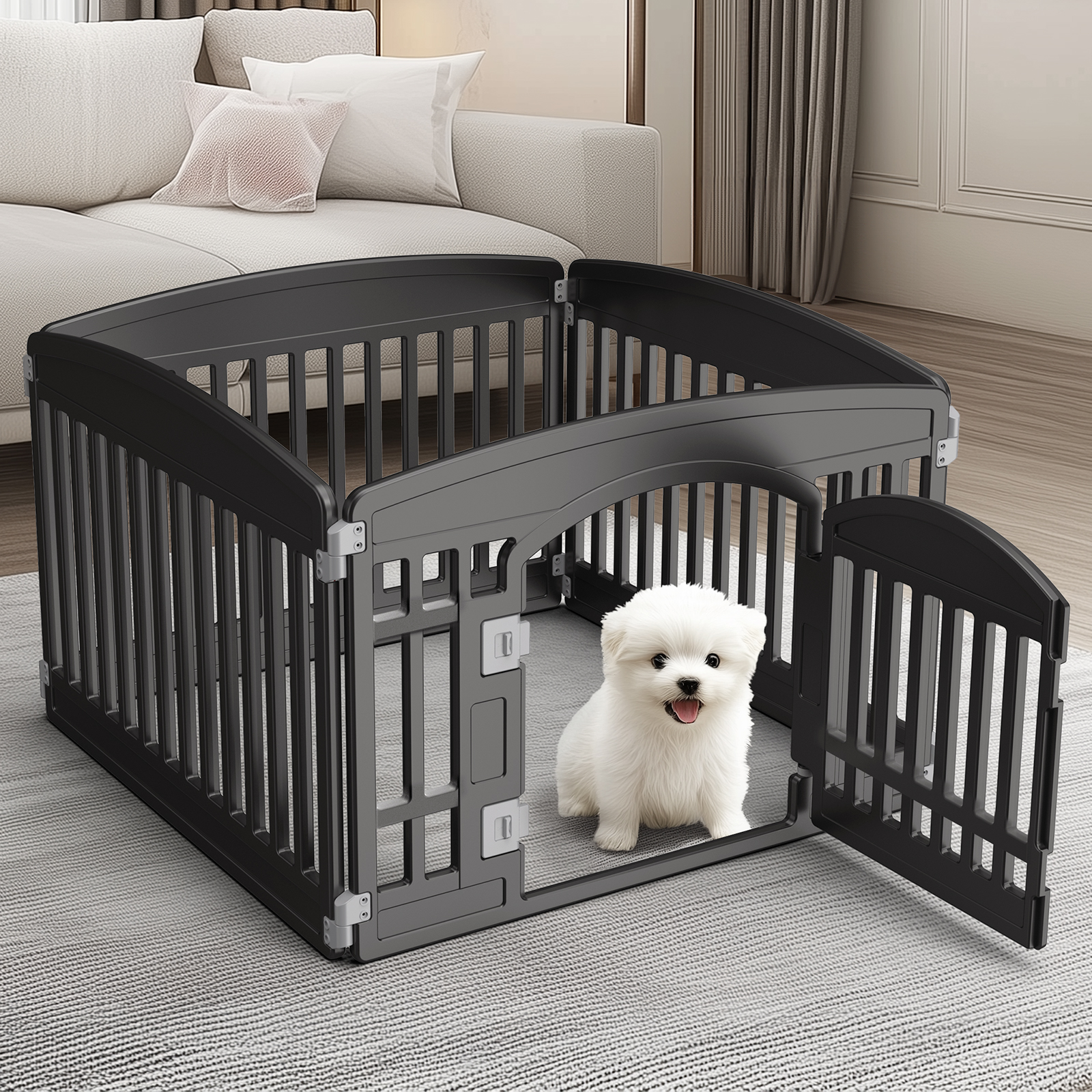 JOINSUN 24" Plastic Dog Playpen, 4 Panel Lightweight Portable Pet Pen for Indoor, Customizable Puppy Playpen, Black