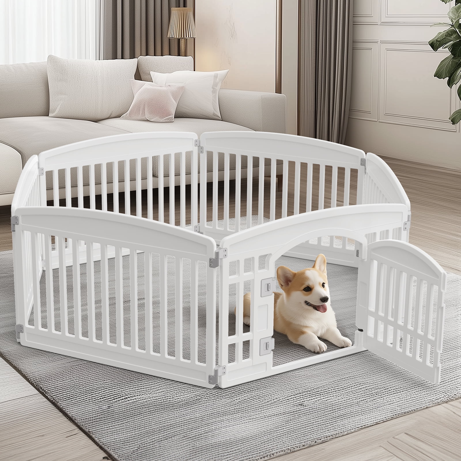 JOINSUN 24" Plastic Dog Playpen, 6 Panel Lightweight Portable Pet Pen for Indoor, Customizable Puppy Playpen, White