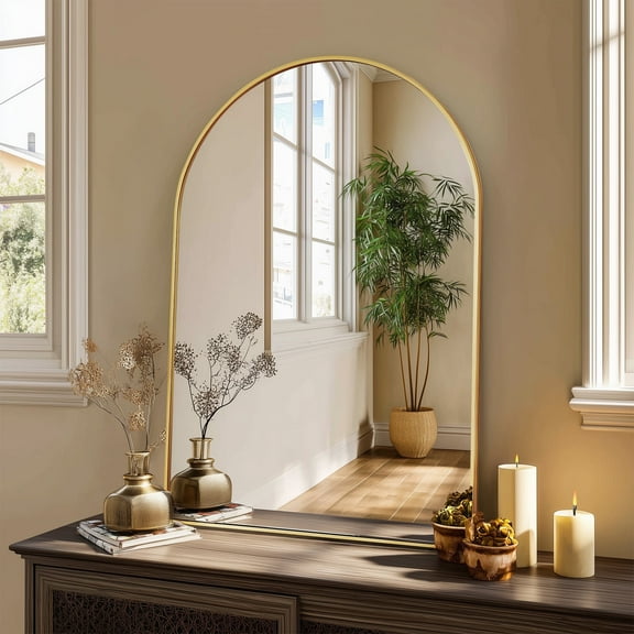 MCQ 24"x 36" Arched Shatterproof Bathroom Mirror, Tempered Glass, 2 Sided Anti-Rust for Vanity Wall Decor, Gold