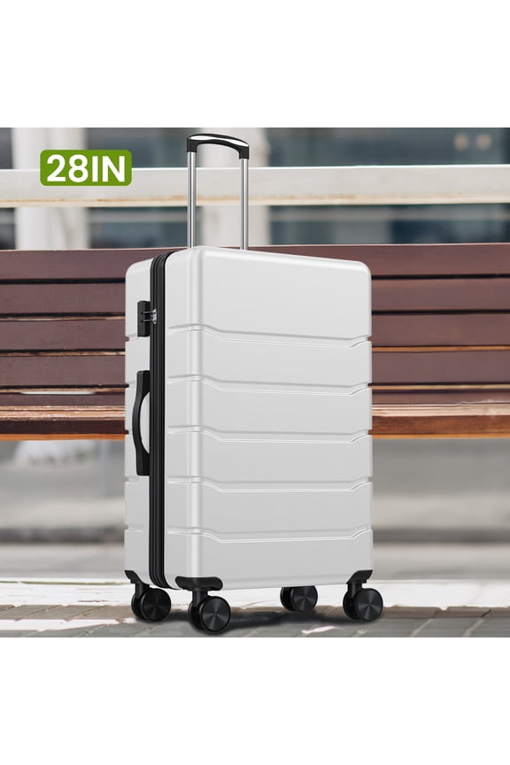 28 Inch Checked Luggage Expandable Hardside Suitcases with Rolling Spinner Wheels & TSA Lock, White