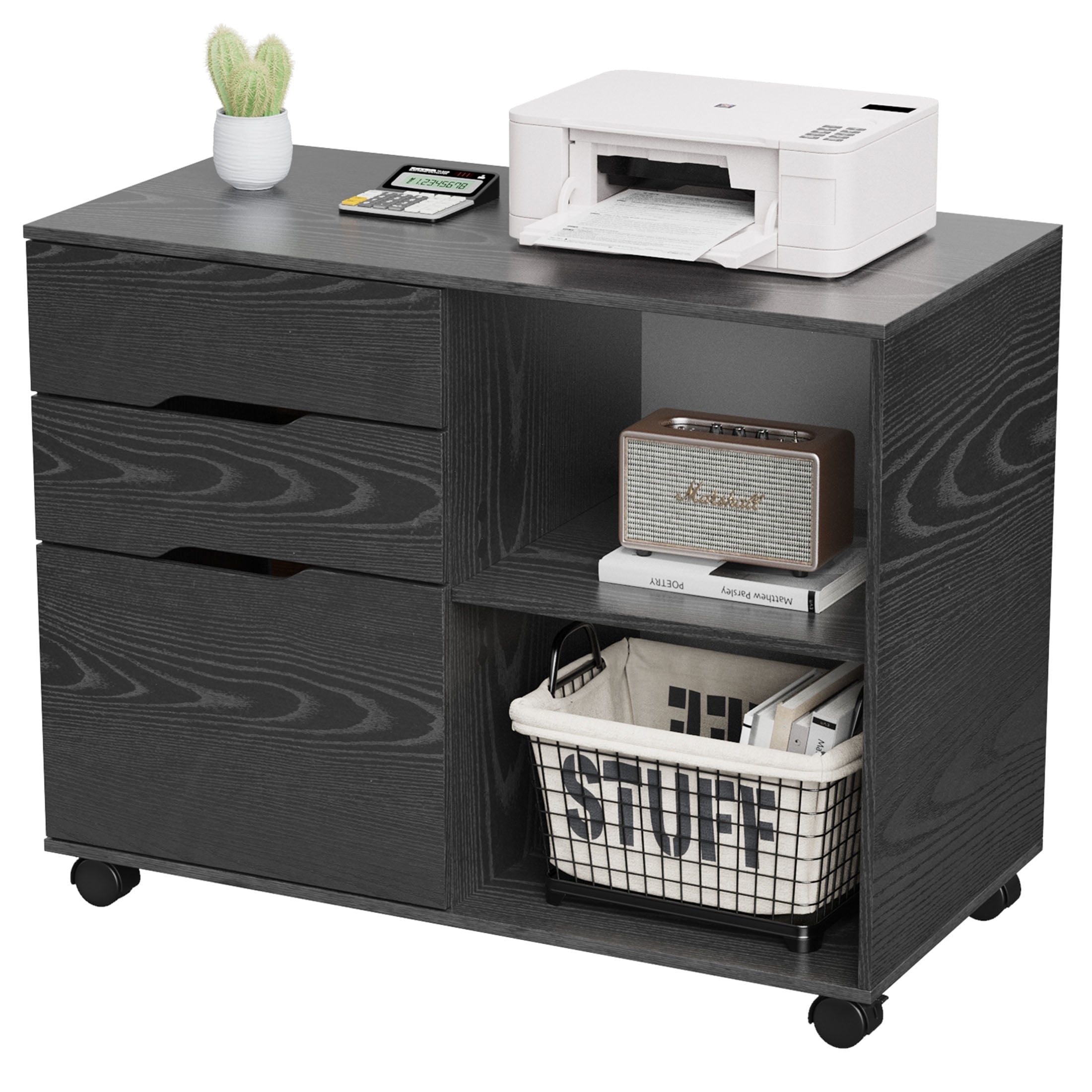JIOABL 3-Drawer File Cabinet, Lateral Mobile Filing Cabinet Wood Storage Organizer with Wheels, Printer Stand & Open Shelves for Home Office, Black