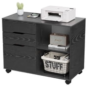 JIOABL 3-Drawer File Cabinet, Lateral Mobile Filing Cabinet Wood Storage Organizer with Wheels, Printer Stand & Open Shelves for Home Office, Black