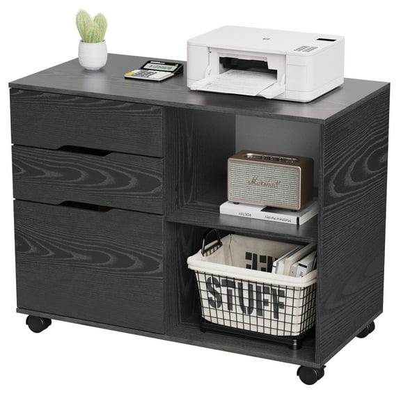 JIOABL 3-Drawer File Cabinet, Lateral Mobile Filing Cabinet Wood Storage Organizer with Wheels, Printer Stand & Open Shelves for Home Office, Black