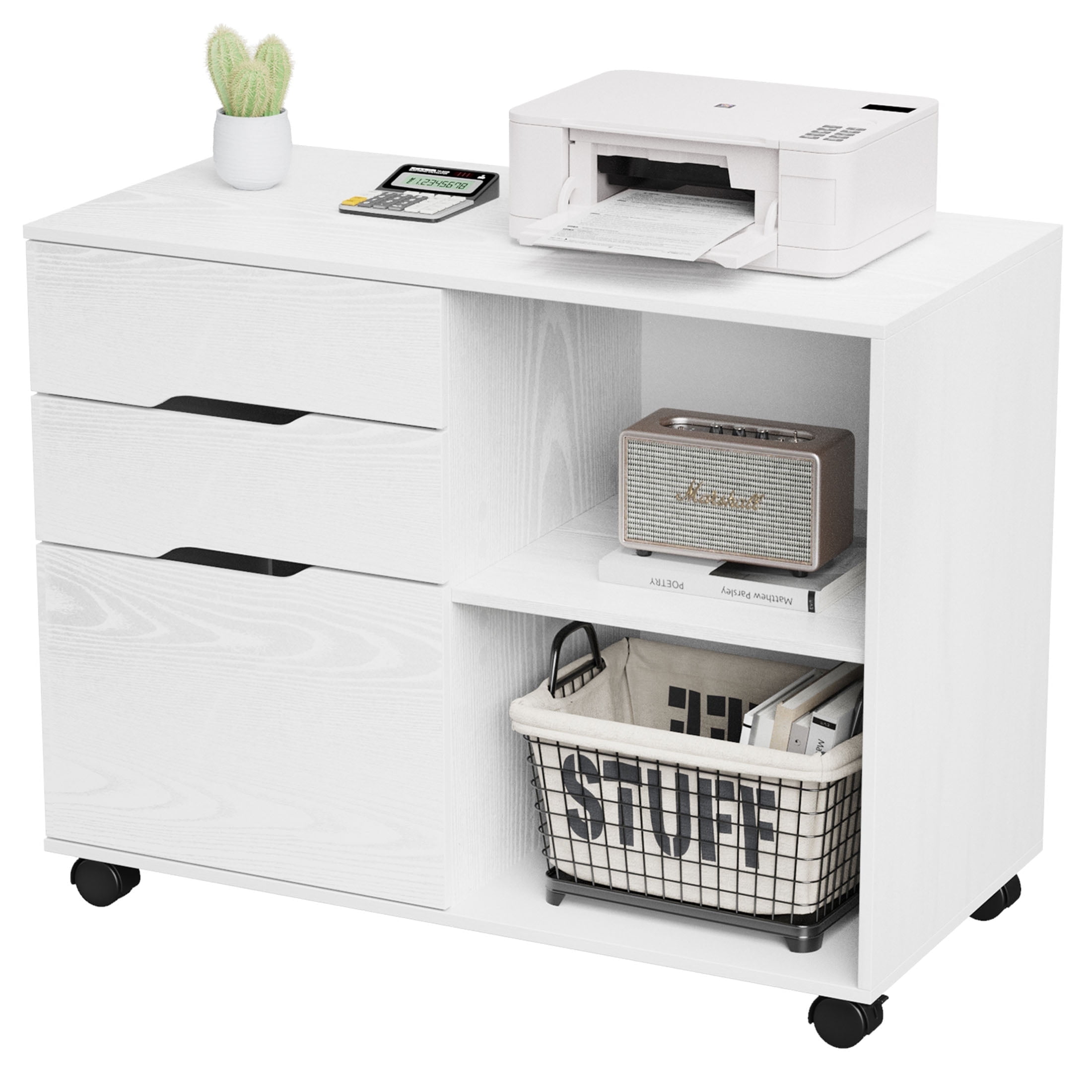 JIOABL 3-Drawer File Cabinet, Lateral Mobile Filing Cabinet Wood Storage Organizer with Wheels, Printer Stand & Open Shelves for Home Office, White