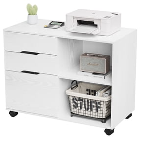 JIOABL 3-Drawer File Cabinet, Lateral Mobile Filing Cabinet Wood Storage Organizer with Wheels, Printer Stand & Open Shelves for Home Office, White