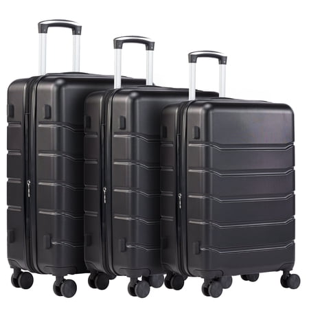 Sweetcrispy 3-Piece Luggage Sets, Hard Shell ABS Suitcases with Double Spinner Wheels, Lightweight Expandable Rolling Travel Suit Case with TSA Lock, Black