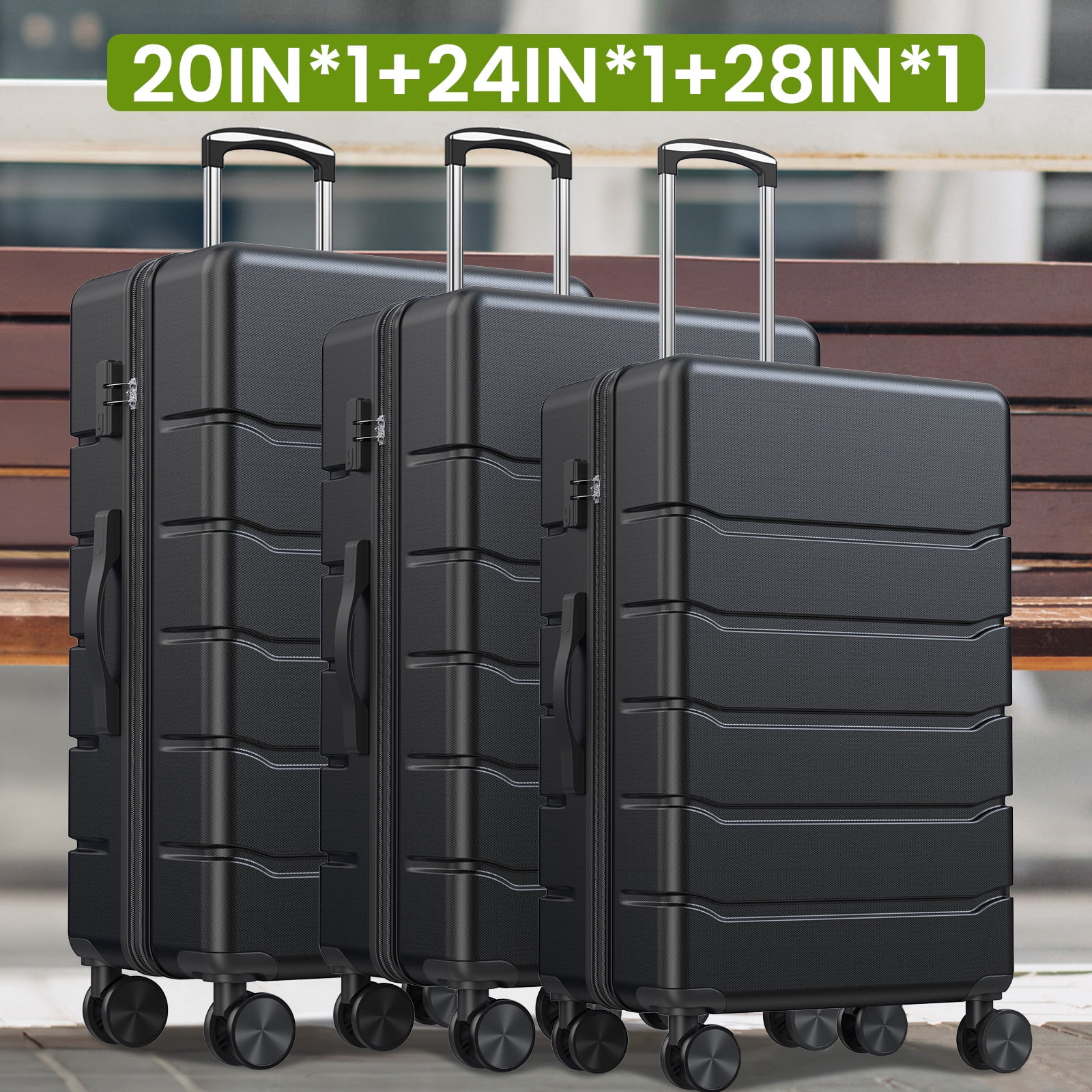 JIOABL 3 Pieces Carry On Luggage Expandable Hardside Suitcases with Rolling Spinner Wheels & TSA Lock, Black