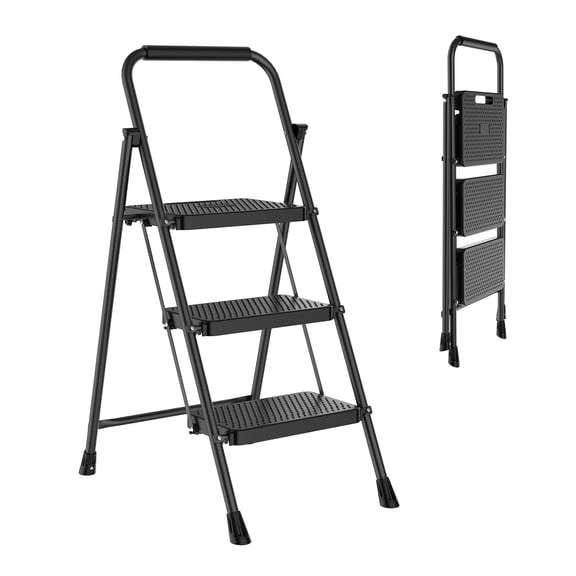 JIOABL 3 step ladder with Non-Slip Pedals and Comfortable Handrails - Portable Steel Ladder with 800 lbs Capacity - Ideal for Kitchen, Garage, and Outdoor Use -Black