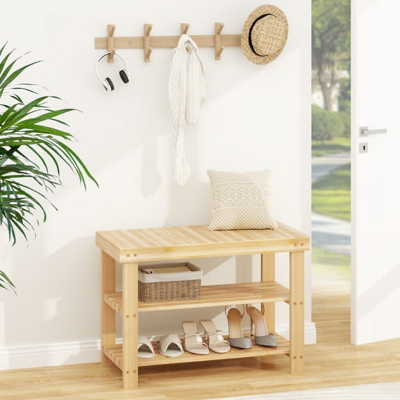JIOABL 3-Tier Bamboo Shoe Rack Bench, 11.3 x 27.6 x 17.8 Inches Compact Storage Organizer with 286lb Capacity for Entryway, Bedroom and Living Room, Wood