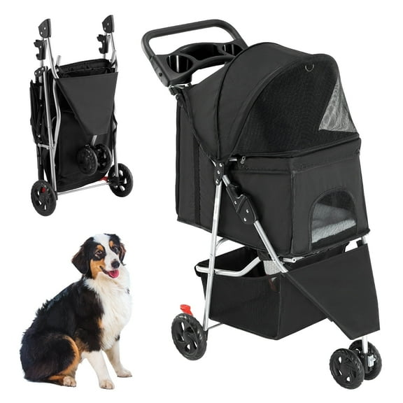 SUMELL 3 Wheels Pet Stroller Dog Jogging with Breathable Mesh Window, Large Storage Basket, Cup Holder, Black