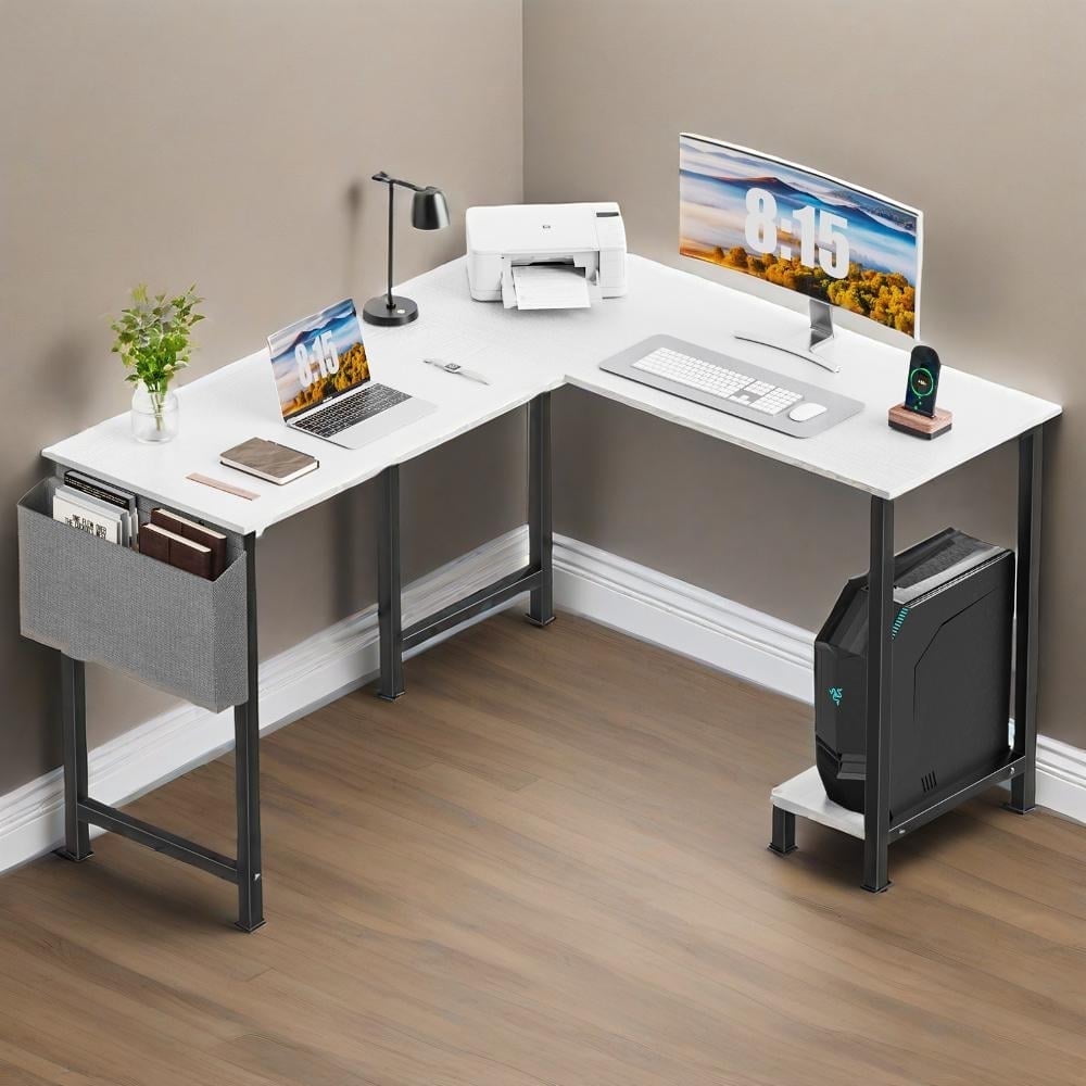 MCQ 49 inch L-Shaped Computer Desk Corner Table with One Storage Bag for Home Office, White