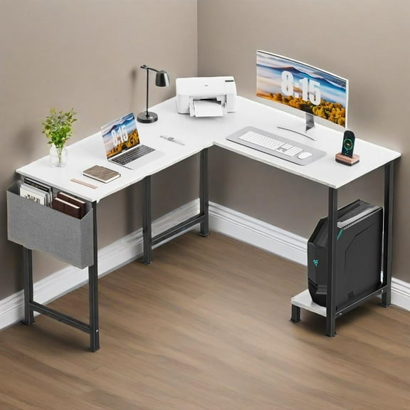 MCQ 49 inch L-Shaped Computer Desk Corner Table with One Storage Bag for Home Office, White