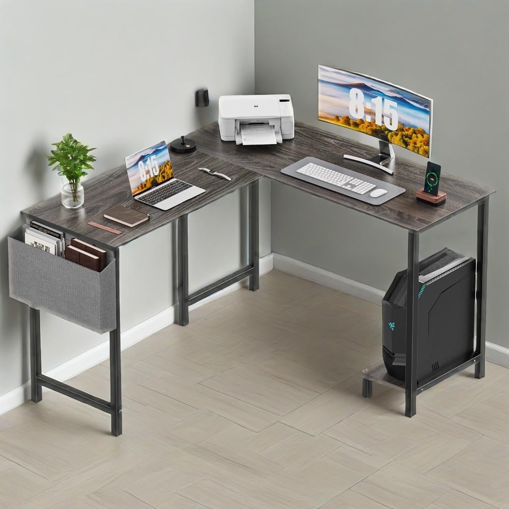MCQ 49 inch L-Shaped Computer Desk Corner Table with One Storage Bag for Home Office, Gray