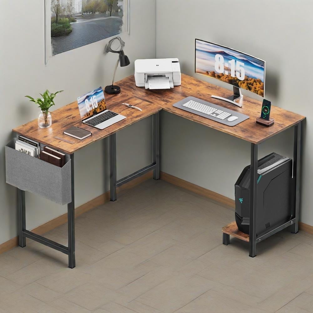 MCQ 49-inch L-Shaped Computer Desk, Corner Table, Game Table, Writing Desk with One Storage Bag for Home Office, Dorm Room, Den, RUST