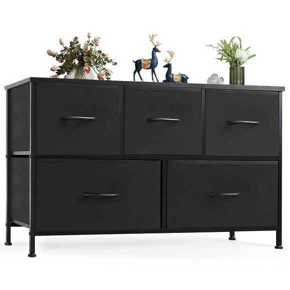 JOINSUN 5 Drawers Dresser, Storage Organizer Units for Clothing, Closet, Fabric Bins, Wood Top, Steel Frame, Lightweight, Black