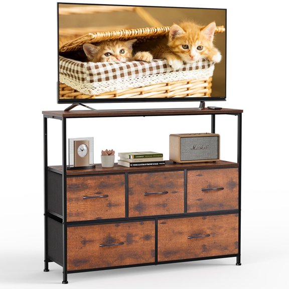 JOINSUN 5 Fabric Drawers, TV Cabinet Stand for 115 cm TV, Adjustable Feet Drawer Cabinet for Bedroom, Rust